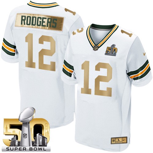 Men's Elite Aaron Rodgers Super Bowl 50 Nike Jersey White - #12 Collection NFL Green Bay Packers